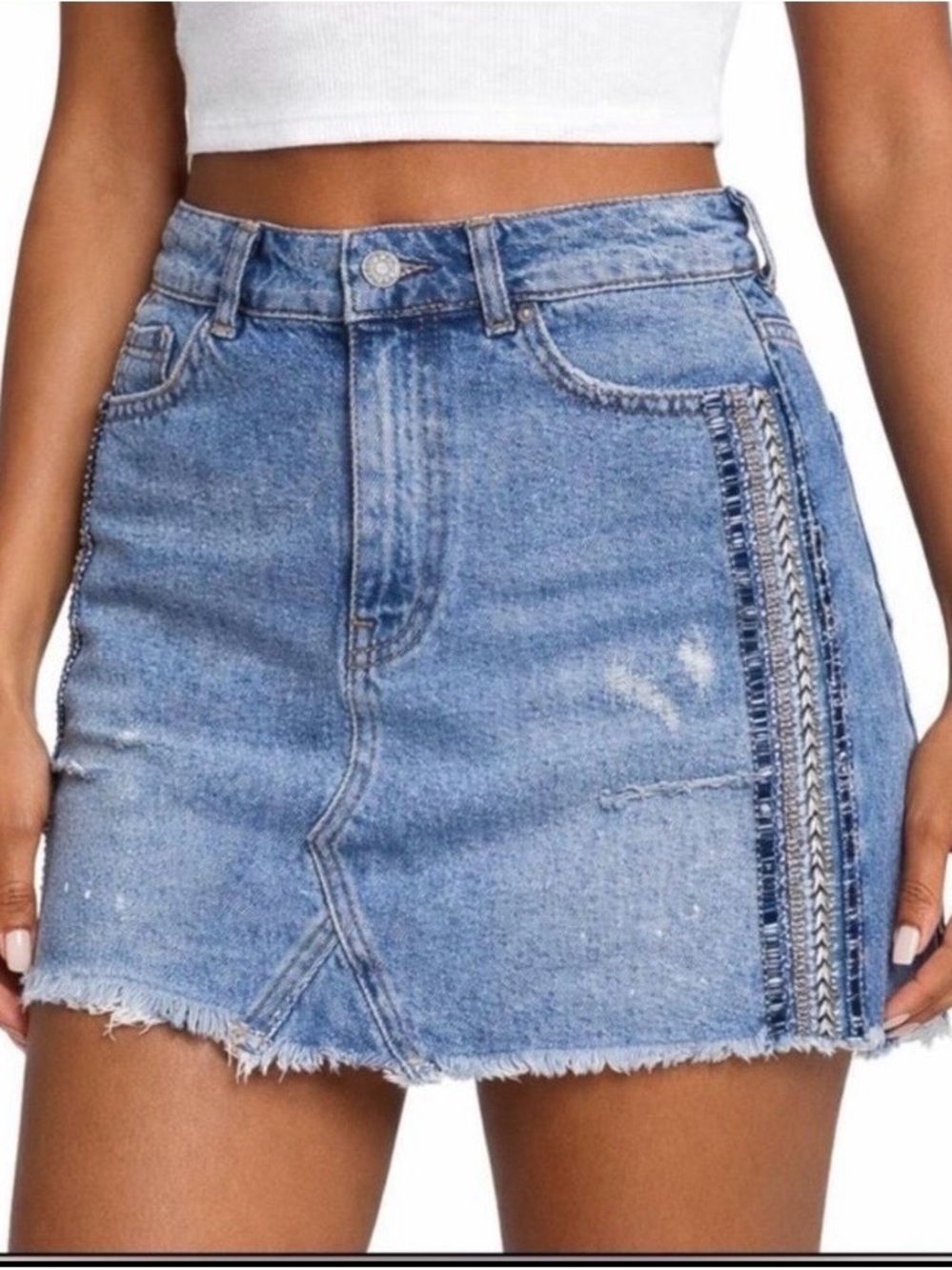 Free People NEW Side Stripe Embellished Mini Denim Jean Skirt Sz.8 90s Y2K